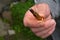 Man hand showing 7.62 caliber ammunition bullet