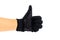 Man hand is showing the Thumb symbol with black glove