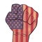 Man hand squeezed in fist with USA flag background