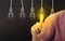 Man hand touching light bulbs new ideas with index finger