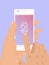 Man hand unlock mobile phone by fingerprint. Person scans finger print on his smartphone vector illustration.