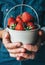 Man hands with miniature bucket with strawberry