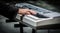 Man hands playing Keyboard piano is an electronic musical instrument.