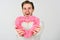 Man handsome happy smiling guy hold heart decor symbol of love. Valentines day concept. Man give heart to you