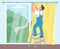 Man hanging curtains flat color vector illustration