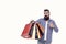 Man happy consumer hold shopping bags. Buy and sell. Consumer protection laws ensure rights. Fair trade competition and