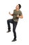 Man, happy and jumping for celebration, excited and energy by white background in studio. Male person, freedom and