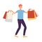 Man happy shopper with bags and packages with purchases a vector illustration