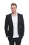 Man happy well groomed in formal suit, isolated white background. Male fashion concept. Business dress code means for