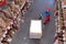 Man in hardhat working with pallet truck at warehouse, above view. Logistics center