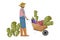 Man harvesting and transporting eggplant and beet Vector flat style. Farmer collecting harvest with a wheelbarrows