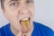 The man has a yellow tongue. Painful yellow coating on the mucous membrane of the tongue. Diseases of the gastrointestinal tract,