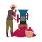 Man in Hat Hulling Coffee Crop in Machine Vector Illustration