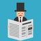 A man with a hat and mustaches is reading newspapers. Funny retro character in a suit.