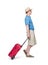 Man in hat, shorts, T-shirt and sunglasses with red suitcase, isolated on white background. Concept male passenger with luggage