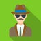 Man in hat suit raincoat and glasses. The detective undercover.Detective single icon in flat style vector symbol stock