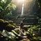 man with hat walking on stone steps next to waterfall in jungle