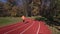 Man have sport exercises at race track. Male athlete running outdoors