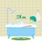 Man having bath. Guy sitting in bathtub with foam and the mask on his face vector illustration