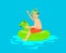 Man having fun in pool, floating on childrens inflatable dragon ring,