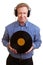 Man with headphones and old record