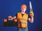 Man in helmet, hard hat carries toolbox and holds handsaw, blue background. Carpenter concept. Worker, repairer