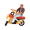 Man in helmet on moped, isolated character riding scooter