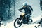 Man with helmet riding bike in snow in winter as offroad sports. Generative AI