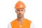 Man in helmet. wear construction helmet on building site. Builders dressed in protective vest and helmet. Construction