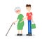 Man helping elder. Boy helps old lady. Flat style vector