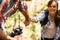 Man helping woman climbing