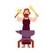 Man or Hephaestus Greek God stands at anvil with hammer and sword cartoon style