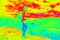 Man hiker in nature. Infrared thermal radiation