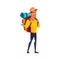 man hiker with rucksack walking on mountain cartoon vector