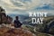 Man hiker sitting on top of mountain , it is wet bad weather. Rainy day lettering made of clouds.