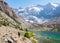 Man hiking around the Kulikalon lakes in Fann mountains, Tajikistan