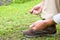 Man hiking doing the knot shoes