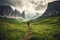 Man hiking on a mountain trail, surrounded by the majestic peaks of nature. This artwork captures the spirit of adventure,