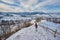 man hiking in snowy highland