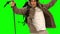 Man with a hiking stick running on green screen