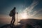 Man hiking at sunset mountains with heavy backpack