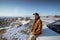 man on his adventure going to beautiful hill in cappadocia by his car