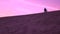 Man with his bike walking over sand dune, purple sunset colors. 4K video