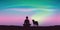 Man and his dog enjoy the beautiful aurora borealis in starry sky