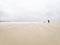 A man and his dog walking on the fine sandy  beaches of the Langeog island in Germany in Autumn