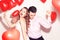 Man with his lovely sweetheart girl dance and have fun at Lover`s valentine day. Valentine Couple. Couple very happy, party time