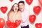 Man with his lovely sweetheart girl shocked . Lover`s valentine day. Valentine Couple. Couple surprised, very happy, discounts