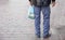 Man hoding a plastic bag. Closeup view, copy space