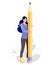 Man hold big pencil. Writer vector illustration.