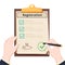 Man hold Registration clipboard with checklist. Man hold in hand clipboard agreement. Flat design